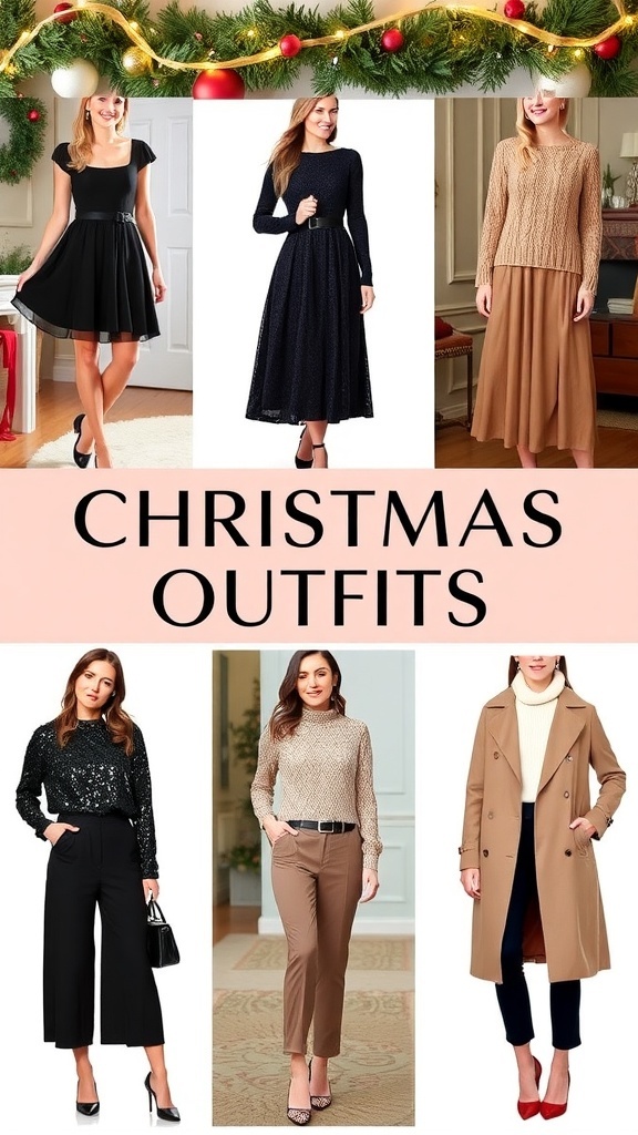 Stylish Christmas outfit ideas for women including dresses, jumpsuits, and winter coats.